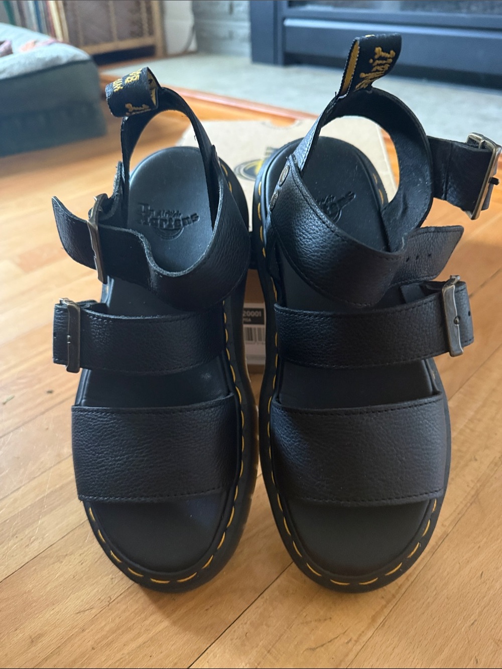 Dr. Martens Kids Black Leather Sandal with Yellow Stitching